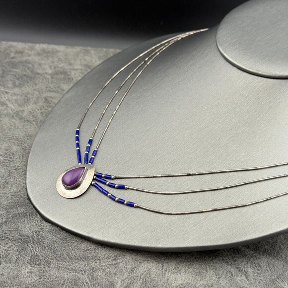 Native American Liquid Sterling Silver Purple Sugilite Blue Lapis Necklace VTG - Picture 9 of 16